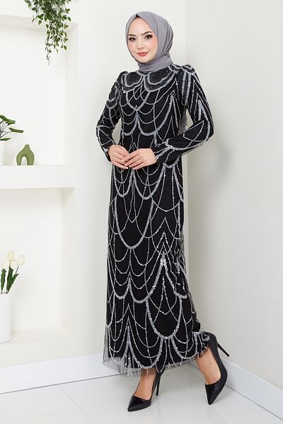 ModaMerve Μαύρο Glitter Detailed 5631END900-M Βραδινό Φόρεμα