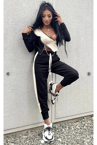 Miss Double Zipper Chain Detailed Hooded 3 Thread Ribbed Sports Tracksuit Set