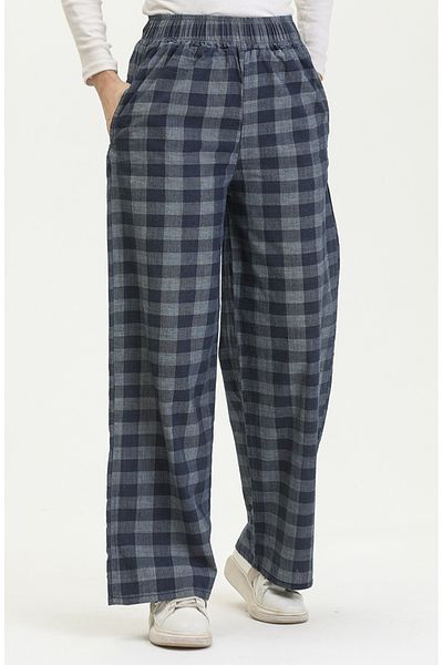 sefamerve Elastic Waist Plaid Pattern Jeans 2734-01 Light Navy