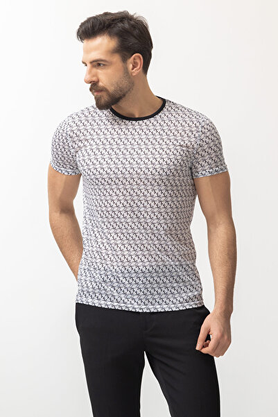 Mcr Ανδρικό μπλουζάκι με σχέδιο Slim Fit Crew Neck Εκρού-Μαύρο - 36700.22Y