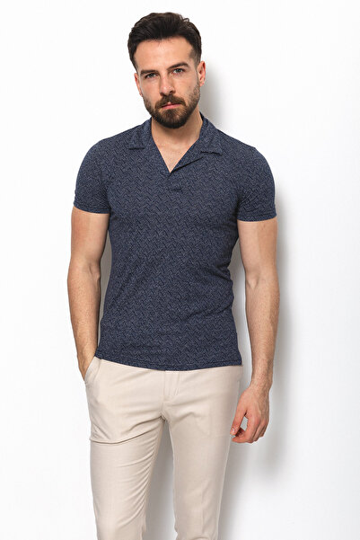 Mcr Ανδρικό μπλουζάκι με σχέδιο Slim Fit με γιακά παπιγιόν, Navy Blue - 36712.22Y