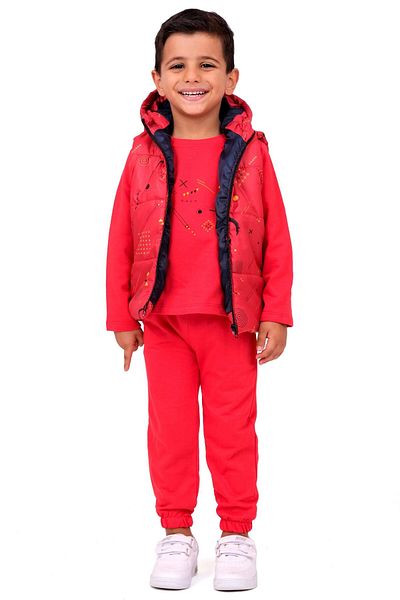 TRENDİMİZBİR Baby Boy 3-Piece Set with Hooded Vest - Red