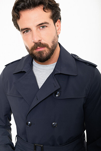 Mcr Düz Slim Fit Kemerli Kruvaze Erkek Trenchcoat Lacivert - 21300.24Y