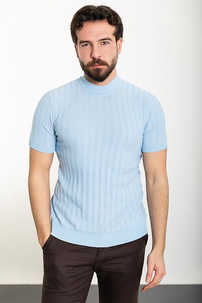 Mcr Tricou tricot pentru bărbați, albastru, slim fit, cu jumătate de gât