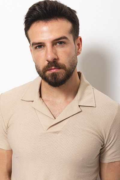 Mcr Patterned Slim Fit Lapel Collar Men's T-Shirt Beige - 36709.22Y