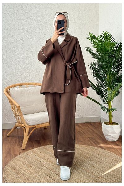 Miraydın Butik Brown Hijab - Women's Trousers and Kimono Set with Piping Detail and Side Ties