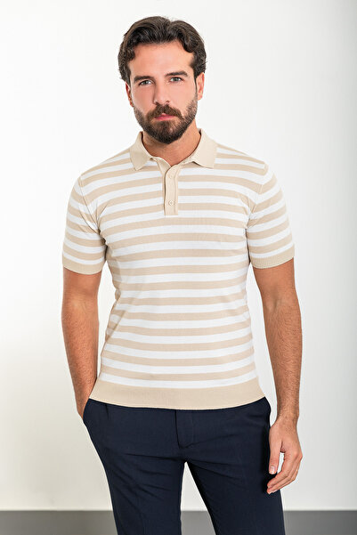 Mcr Горизонтально смугаста футболка Slim Fit з поло-коміром для чоловіків, екрю-бежева - 11473.24Y