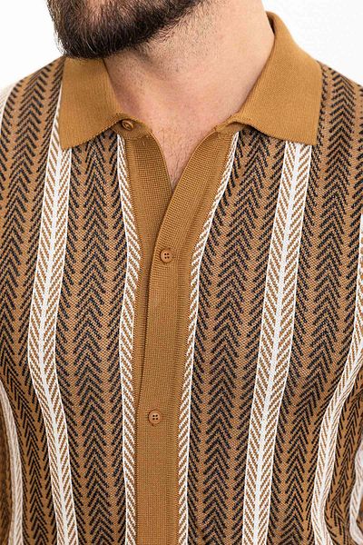 Mcr Patterned Slim Fit Polo Collar Men's Knitwear Shirt Camel - 11480.24Y
