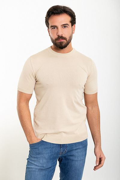 Mcr Ανδρικό πλεκτό μπλουζάκι με λαιμόκοψη Straight Slim Fit Beige - 11476.24y