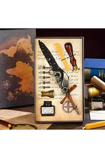 BLA GROUP SİYAH Hediyelik Divit Hokka Kalem Seti Tüylü Mürekkepli Mumlu Mühürlü Takım Kaligrafi Kalemi