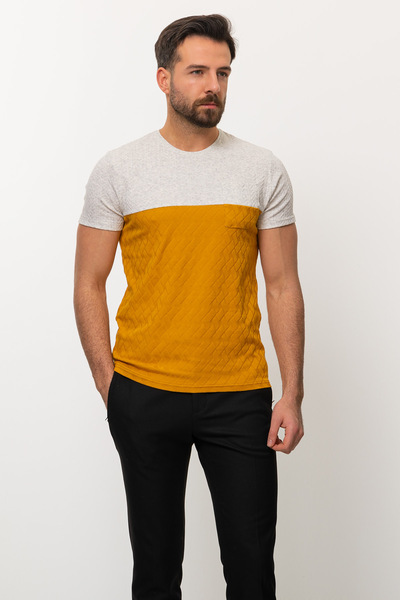 Mcr Ανδρικό μπλουζάκι με λεπτή εφαρμογή με σχέδιο κομματιών, λαιμόκοψη ποδηλάτου, κίτρινο-γκρι - 36692.22Y