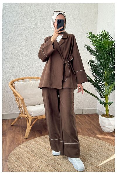 Miraydın Butik Brown Hijab - Women's Trousers and Kimono Set with Piping Detail and Side Ties