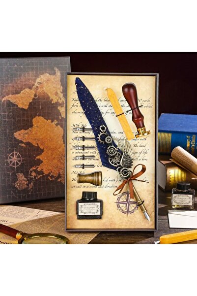 BLA GROUP LACİVERT MAVİ Hediyelik Divit Hokka Kalem Seti Tüylü Mürekkepli Mum...