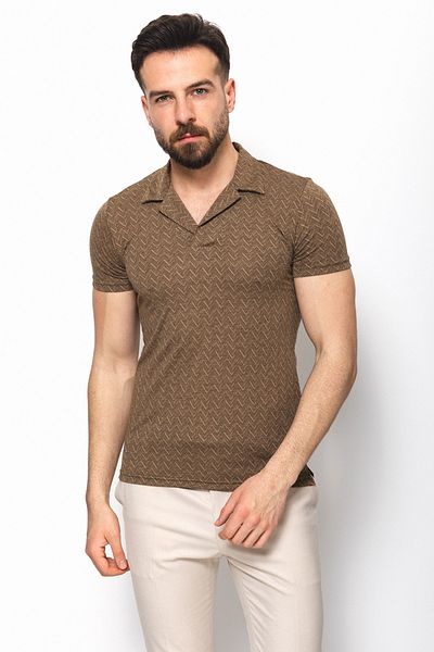 Mcr Patterned Slim Fit Lapel Collar Men's T-Shirt Camel - 36712.22Y