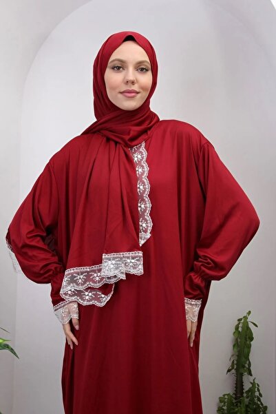 ALLURİNG THE BETTER ONE فستان صلاة نسائي موسمي من الدانتيل الأحمر - زي حجاب م...