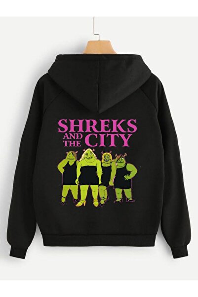 MAYDAY CULTURE Hanorac negru cu glugă cu model Shrek - Lejer, largi, trei fir...