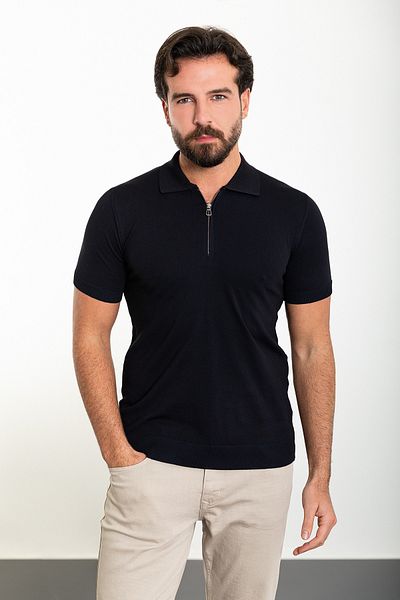 Mcr Plain Slim Fit Zippered Polo Neck Men's Knitwear T-Shirt Navy Blue - 11471.24Y