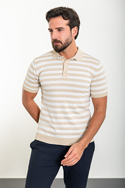 Mcr Горизонтально смугаста футболка Slim Fit з поло-коміром для чоловіків, екрю-бежева - 11473.24Y