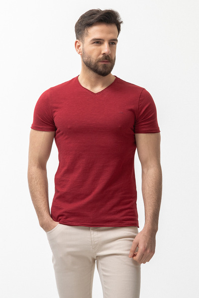 Mcr Ανδρικό μπλουζάκι με σχέδιο Slim Fit με λαιμόκοψη V-λαιμόκοψη Claret Red - 36360.17Y