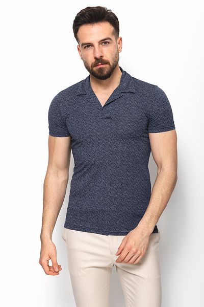 Mcr Patterned Slim Fit Lapel Collar Men's T-Shirt Navy Blue - 36712.22Y