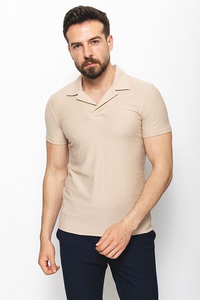 Mcr Patterned Slim Fit Lapel Collar Men's T-Shirt Beige - 36709.22Y
