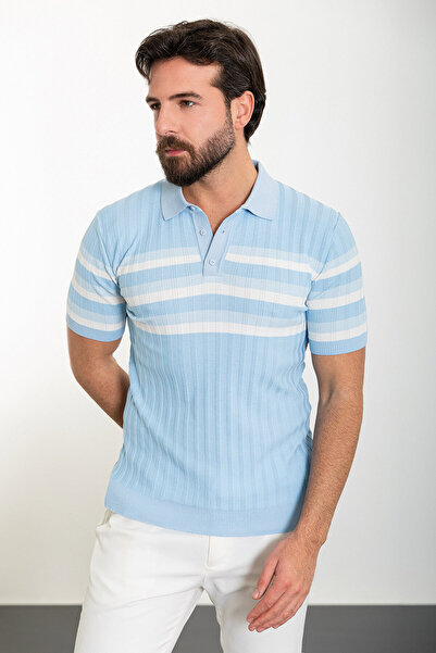 Mcr Ανδρικό πλεκτό μπλουζάκι με ριγέ λεπτή εφαρμογή πόλο γιακά μπλε - 11487.24Y