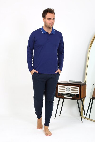 Mestore Moda Çizgi Men's Polo Collar Long Sleeve Combed Cotton Pajama Set Gra...