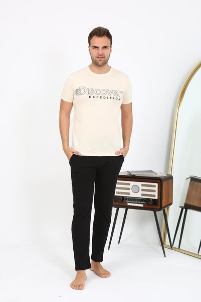 Mestore طقم بيجامة رجالي من القطن الممشط بأكمام قصيرة من Fashion Line 6866 كريمي