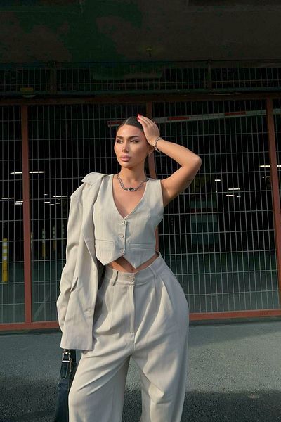 FMN Moda Jachetă crop cu detaliu linie albă pentru femei, supradimensionată, cu croiala largi, pantaloni largi, set de jos