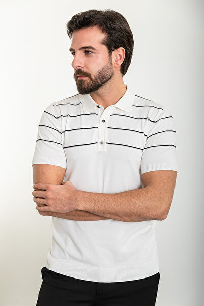 Mcr Смугаста футболка Slim Fit з поло-коміром для чоловіків, екрю - 11477.24Y