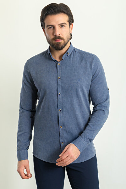 Mcr Plain Slim Fit Basic Linen Men's Shirt Indigo - 37356.21Y