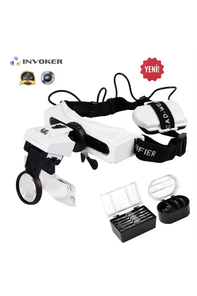 INVOKER Işıklı Büyüteçli Gözlük 8 Farklı Cam Mercek Ayarlanabilir Kafa Büyüteci Lup Mercek Hareketli 2 Led