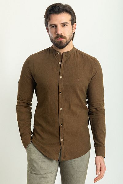 Mcr Straight Slim Fit Judge Collar Basic Linen Men's Shirt Brown - 37340.21Y