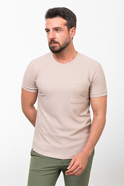 Mcr Смугаста футболка Slim Fit з круглим вирізом Basic для чоловіків, бежева ...