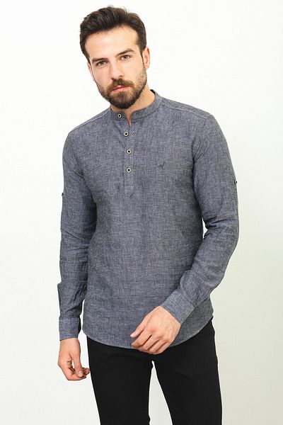 Mcr Patterned Slim Fit Judge Collar Linen Men's Shirt Anthracite - 37357.21Y