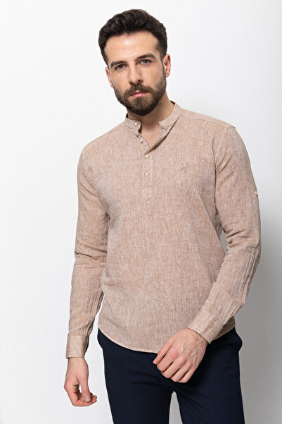 Mcr Смугаста сорочка Slim Fit з коміром-стійкою з льону для чоловіків, колір ...