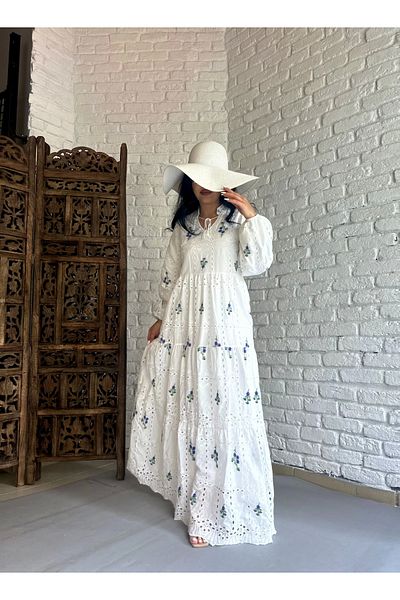 moneta boutique White Floral Patterned Women's Long Scallop Dress