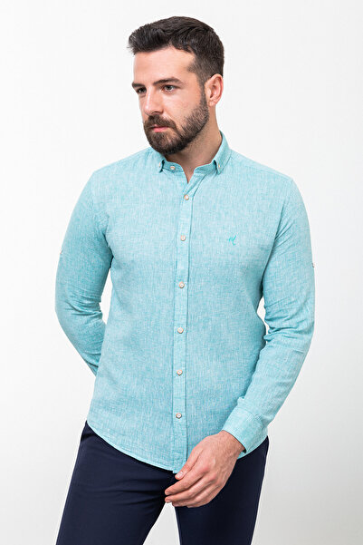 Mcr Plain Slim Fit Basic Linen Men's Shirt Turquoise - 37356.21Y