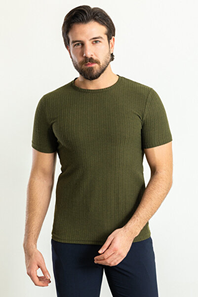 Mcr Ανδρικό μπλουζάκι με ριγέ λεπτή εφαρμογή Crew Neck Khaki - 36787.23Y