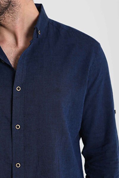 Mcr Plain Slim Fit Basic Linen Men's Shirt Navy Blue - 37356.21Y
