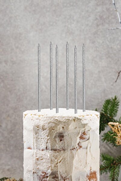 PEKSHOP Pasta Mumu Simli Gümüş Mum 6lı Paket