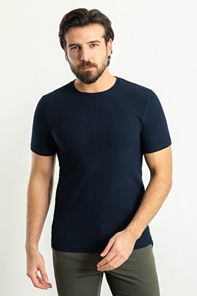 Mcr Ανδρικό μπλουζάκι με ριγέ λεπτή εφαρμογή Crew Neck Navy Blue - 36787.23Y