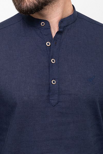 Mcr Navy Blue Patterned - Slim Fit Linen Men's Shirt, Prevailing Collar