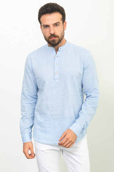 Mcr Ανδρικό λινό πουκάμισο με λεπτή εφαρμογή και γιακά δικαστής με σχέδια μπλε - 37357.21Y