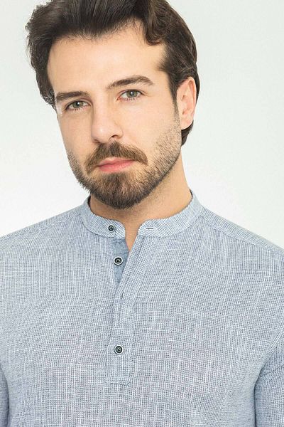 Mcr Patterned Slim Fit Judge Collar Long Sleeve Men's Shirt Navy Blue-Ecru - 37737.23Y