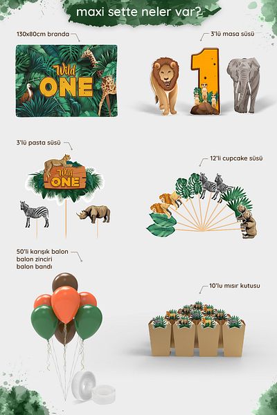 Hey Parti Σετ πάρτι γενεθλίων Safari 1 Year Old - Safari Birthday Concept - Maxi