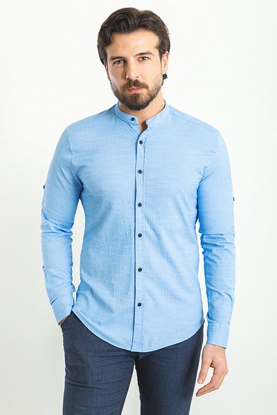 Mcr Ριγέ Slim Fit Judge Collar Μακρυμάνικο Βαμβακερό Ανδρικό Πουκάμισο Μπλε - 37767.23y
