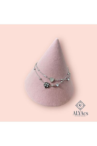 alyacs Four-Leaf Clover and Heart Figured Steel Anklet - Luck and Elegance Together!