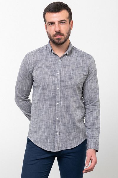 Mcr Мъжка риза с дълъг ръкав Flecked Slim Fit, тъмносиньо-екрю - 37797.23y
