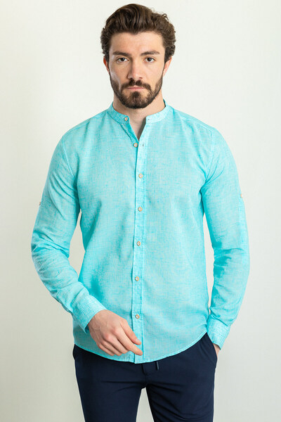 Mcr Ανδρικό λινό πουκάμισο με μοτίβο, λεπτή εφαρμογή, μακρυμάνικο, πράσινο - 37732.23Y